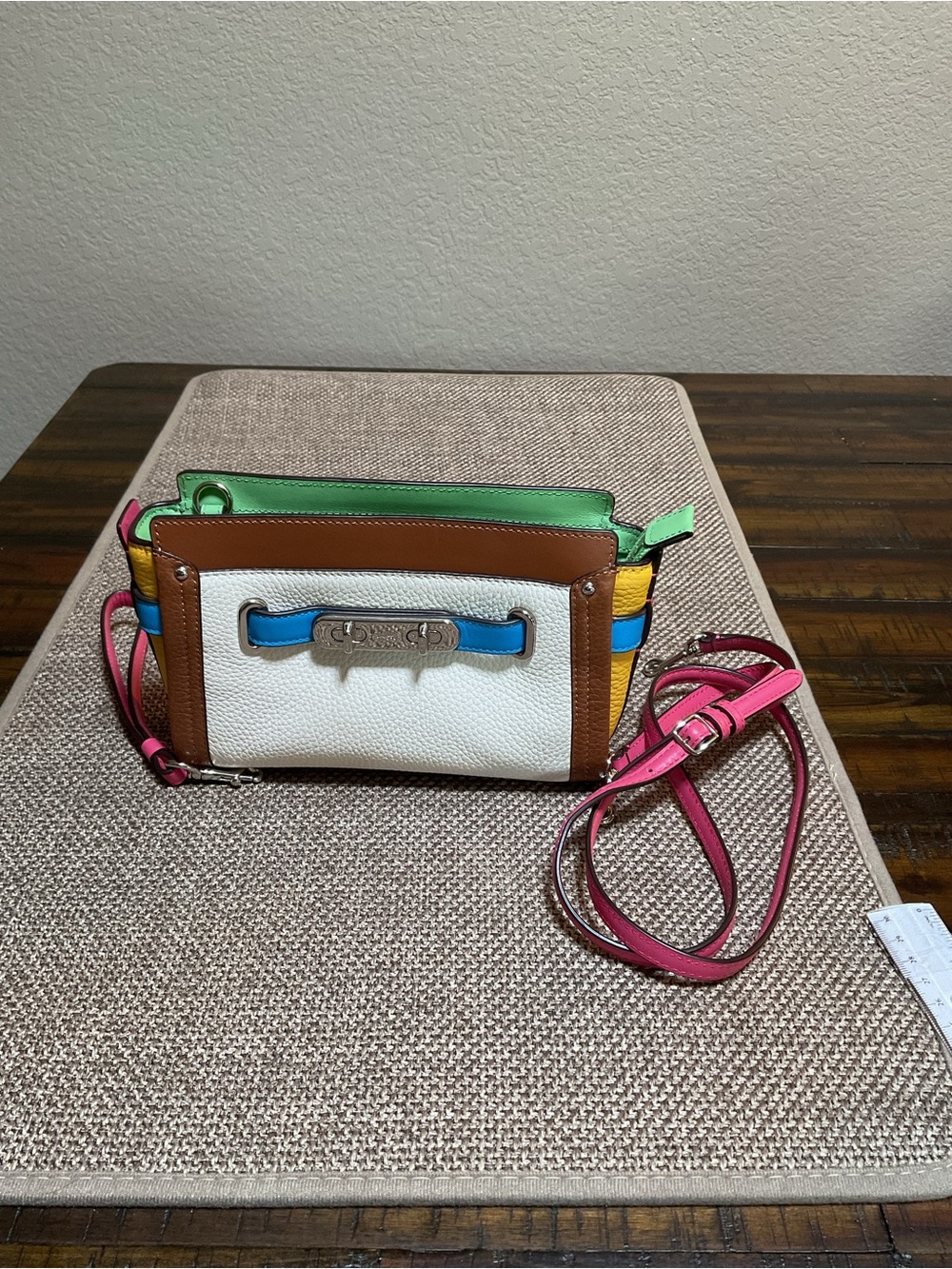 Coach Swagger Wristlet Crossbody Rainbow Colorblock Pebbled Leather Silver Multi
